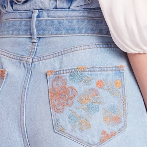 Driftwood Floral Embroidered Paperbag Blue High Waisted Denim Shorts - Picture 7 of 8